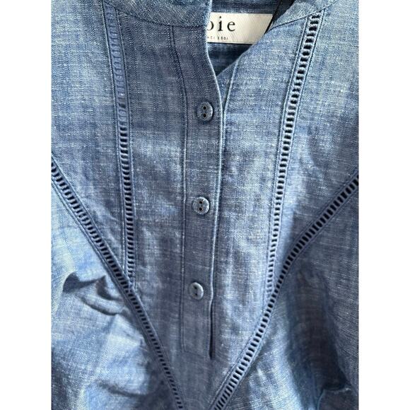 Joie Rivoire NWT Blue Chambray Ruffle Puff Sleeve Cotton Blouse Top size Small - Picture 4 of 16